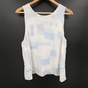Joie Tank Top White Blue Geometric Abstract Layered Silk Sleeveless Blouse M